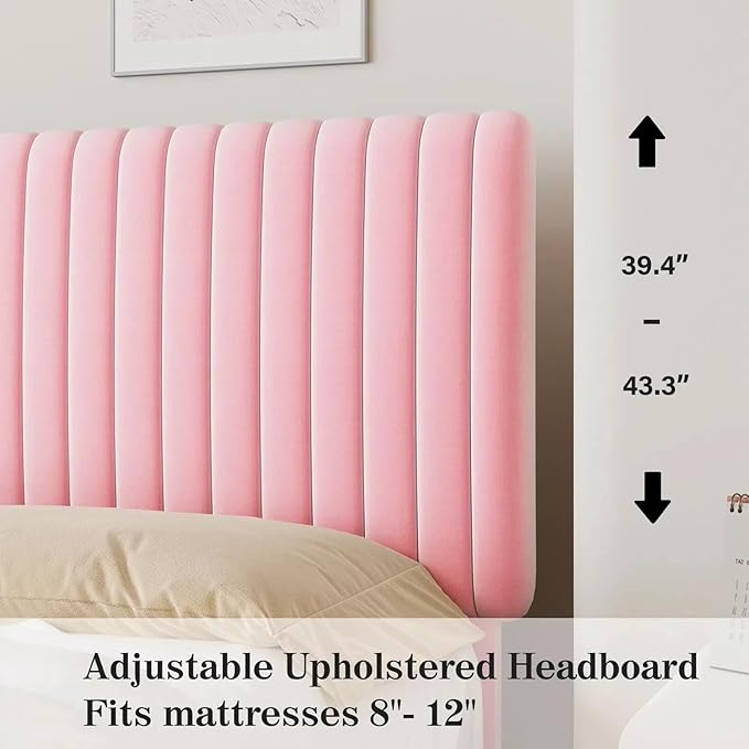 Twin Size Bed Frame, Velvet Upholstered Platform Bed with Vertical Channel Tufted Headboard and Footboard, No Box Spring Required, Easy Assembly, Pink-Ruum Studio Home