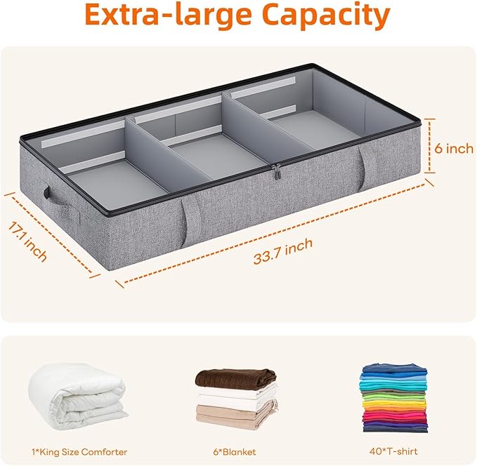 Vailando Under Bed Storage, 2 Pack Under Bed Storage Containers with Dividers, Firm Sides, Strong Zipper, 3 Reinforced Handles, 6 Inches Low Profile Underbed Storage Bins for Clothes, Blankets, Grey-Ruum Studio Home