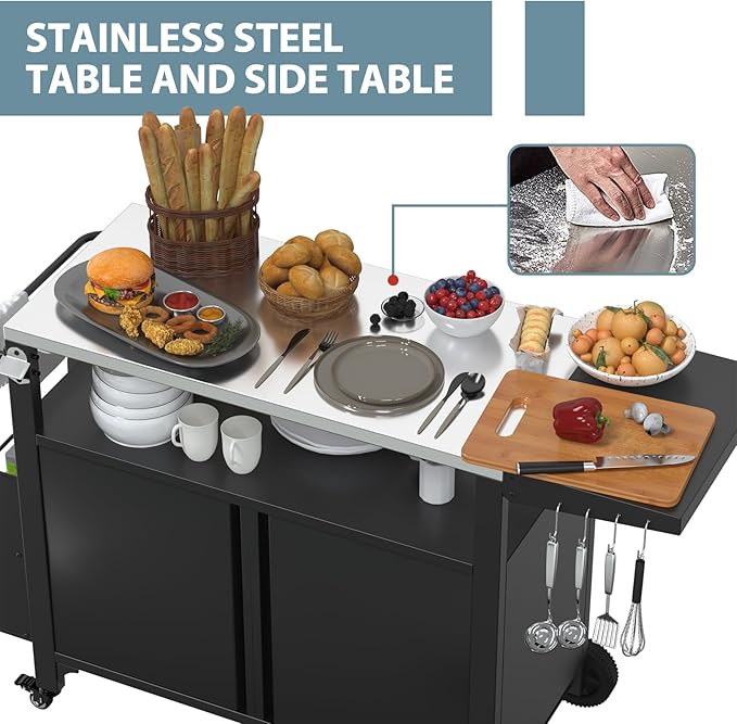 Outdoor Grill Cart with Wheels, Outdoor Kitchen Bar Cart Mobile BBQ with Foldable Stainless Steel Top & Storage Cabinet-Ruum Studio Home