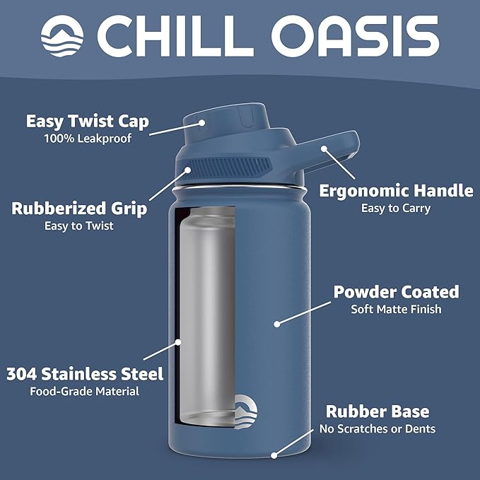 Chill Oasis Water Bottle | Compatible With Popular Flavor Cartridges | BPA Free, Leak Proof, Double-Walled Vacuum Insulated Stainless Steel, and Dishwasher Safe | Cold for 24 Hours (Navy, 12oz)-Ruum Studio Home