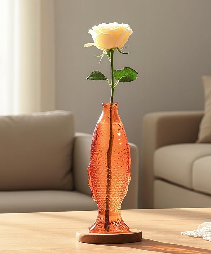 Nacome Fish Vase Glass Plant Terrarium with Wooden Stand,Planter Propagation Station for Home Office Hydroponics Desk Decoration,Unique Gardening Gifts for Plant Lovers Women Mom(Orange)-Ruum Studio Home