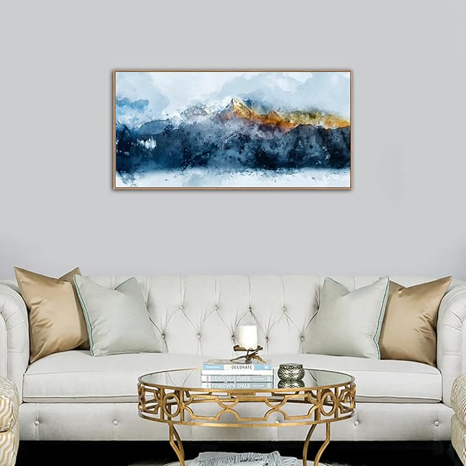 Framed Canvas Wall Art Indigo Abstract Mountain Pictures Wall Decor Blue Grey Orange Mountain Peaks Canvas Painting Prints Modern Abstract Artwork for Living Room Bedroom Decoration 24" x 48"-Ruum Studio Home