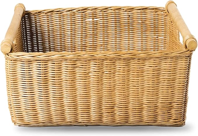 The Basket Lady Pole Handle Wicker Storage Basket, Small, 14 in L x 10 in W x 7.5 in H, Sandstone-Ruum Studio Home