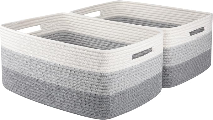 Large Storage Basket for Organizing, Woven Rope Basket for Shelves, Closet Organizer Bins for Clothes, Blanket, Toys, Baby Nursery Storage, 17.7" x 13" x 7.87", 2 Packs Gradient Grey-Ruum Studio Home