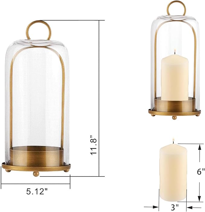 12" High Versatile Modern Metal Hurricane Lantern with Handmade Sturdy Glass Dome for 3" Pillar Candle & Plants (Brass, 5"x12")-Ruum Studio Home