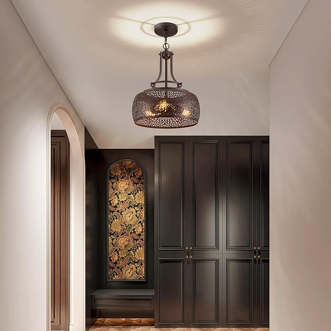 WUZUPS Chandelier Rustic Farmhouse Industrial Round Ceiling Pendant LED Light Fixture with Later-Cut Openwork Drum Shade, H 15.7" x W 13.4", Oil Rubbed Bronze-Ruum Studio Home
