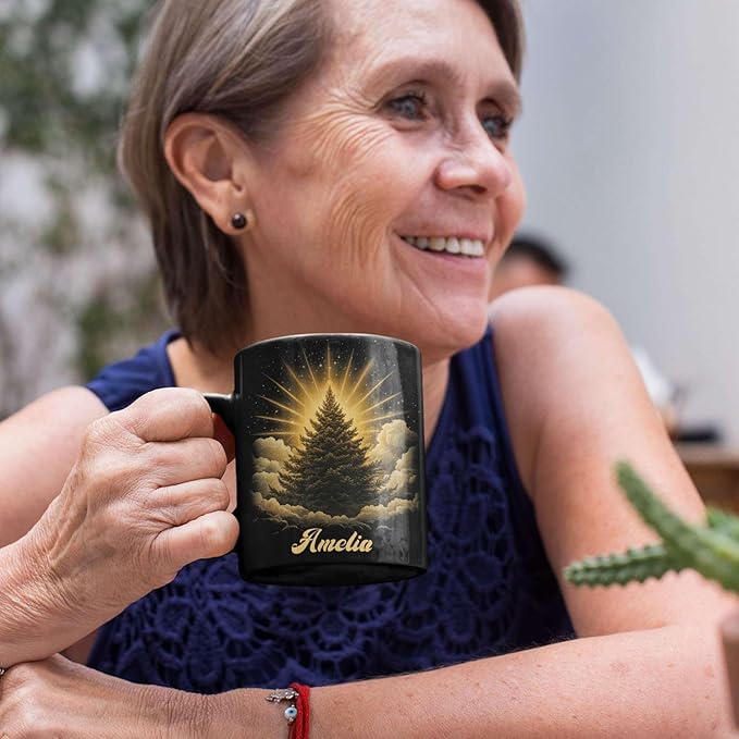 Spiritual Nature Themed Ceramic Cup, Custom Name Coffee Mug 11oz or 15oz, Personalized Pine Tree Black Cup for Christmas, Custom Winter Season Coffee Mug, Gifts for Friends, Family-Ruum Studio Home