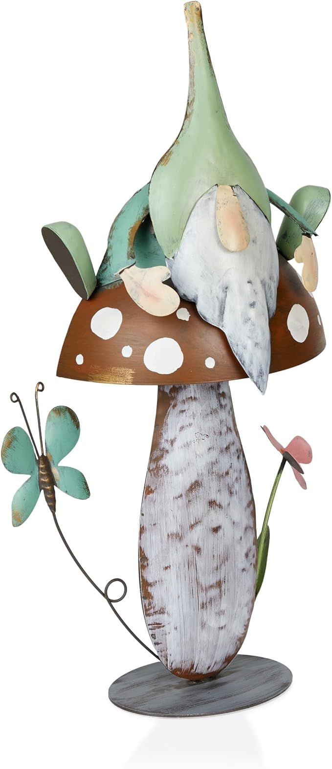 Alpine Corporation - Metal Gnome with Mushroom – 20" Tall Durable Iron Garden Statue, Whimsical Outdoor Décor for Patio, Lawn, Yard (Multicolor)-Ruum Studio Home