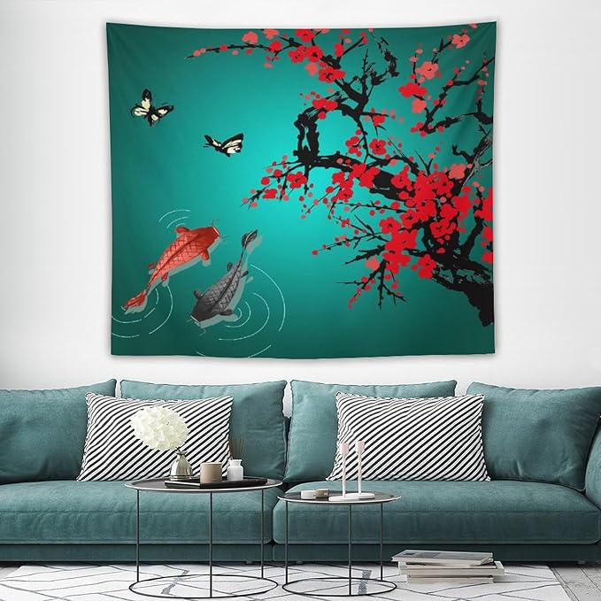 Houselerax Japanese Koi Fish Tapestry, Cherry Blossoms Asian Oriental Green Teal Floral Branch Koi Fish Carp Tapestries Wall Hanging for Bedroom Living Room Office Decor 60"x50"-Ruum Studio Home