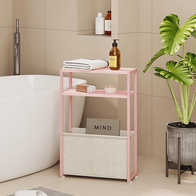 Narrow Side Table, Slim End Tables with Fabric Basket, Skinny Table for Small Spaces, Thin Bedside Table for Living Room, Bedroom (1, Jelly Pink + Cream White)-Ruum Studio Home