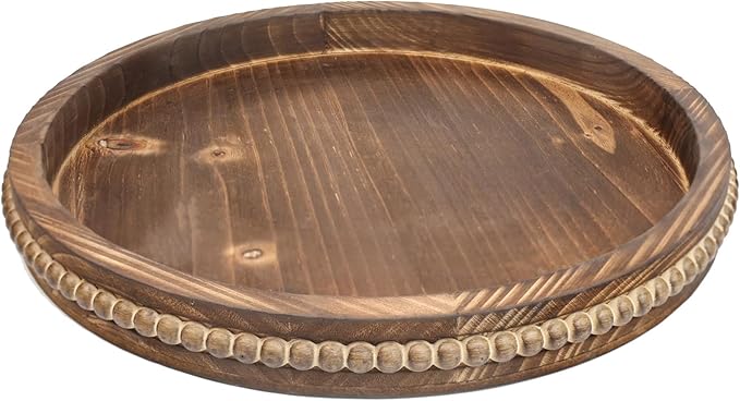 Round Burnt Wood Serving Tray with Beads, Wooden Decorative Tray for Entertaining, Decoration, and Gifting,-Ruum Studio Home