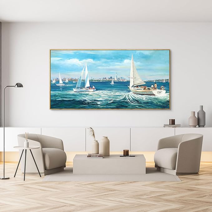 XLSJERST Large Blue Canvas Wall Art Seascape Painting - Landscape Picture Textured Navy Modern Sailboat Ocean Artwork Framed for Living Room Bedroom Bathroom Home Office Wall Decor Large Size 24"x48"-Ruum Studio Home
