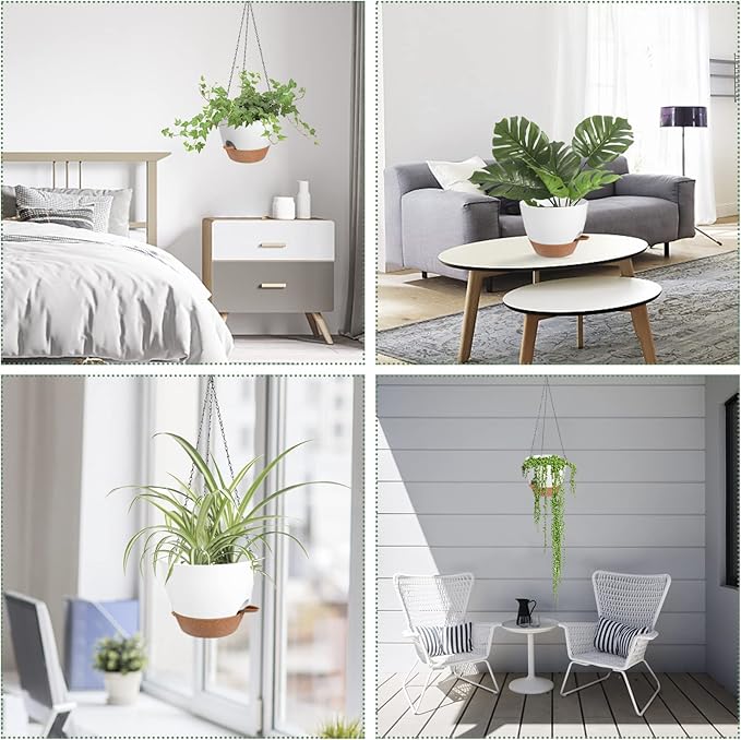 Hanging Planters for Indoor Outdoor Plants, 2 Pack Self Watering Hanging Pot with Drainage Holes & Removable Tray (White, 8'')-Ruum Studio Home