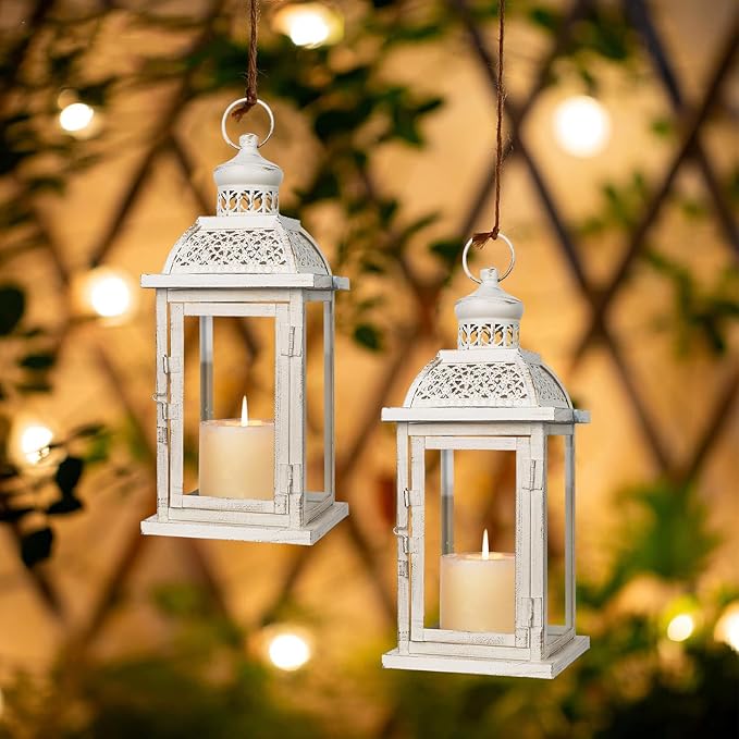 DECORKEY Lantern Decorative Indoor&Outdoor, 2 Pack 14.4'' Large Metal Candle Lanterns, Vintage Hanging Candle Holders for Farmhouse Wedding Front Porch Patio, Halloween Christmas Decorations for Home-Ruum Studio Home
