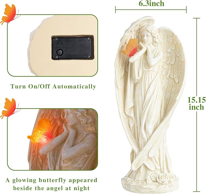 Angel Figurine, Large Angel Garden Statues Outdoor with Butterfly Solar LED Lights Lawn Decorations Yard Ornament Sculptural for Outside Patio Decor, Angel Gardening Gifts-Ruum Studio Home
