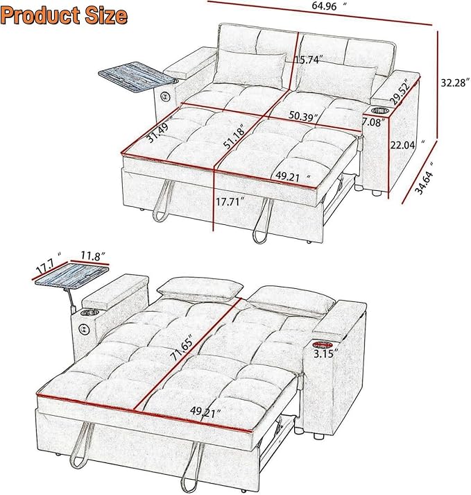Large Size Convertible Sleeper Sofa Bed,Polka dot Velvet Pull Out Futon Couch with Storage handrails & Rotating Side Tables,Convertible Sofa Couch for Living Room,RV-Ruum Studio Home