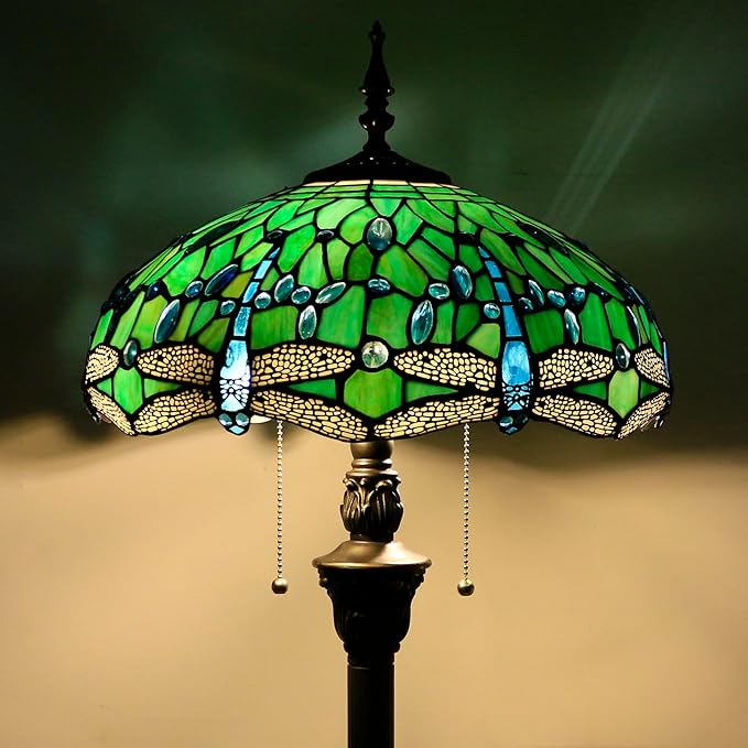 Tiffany Floor Lamp Stained Glass Lamp Standing Reading Light 16x16x70 Inch for Living Room (Green Dragonfly)-Ruum Studio Home