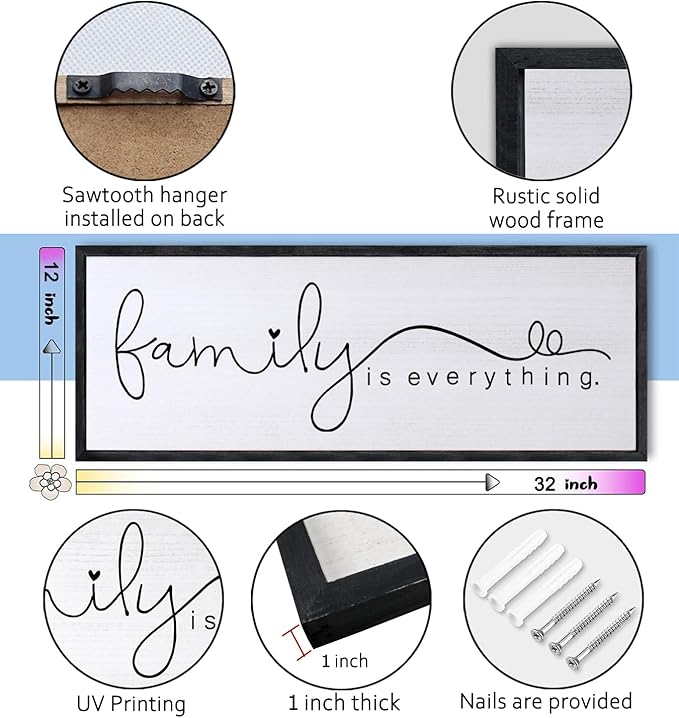 Foutcheou Family is Everything Wall Decor Sign 32"×12" for Family Living Room Large Wood Framed Wall Art Hanging Decoration (Black)-Ruum Studio Home