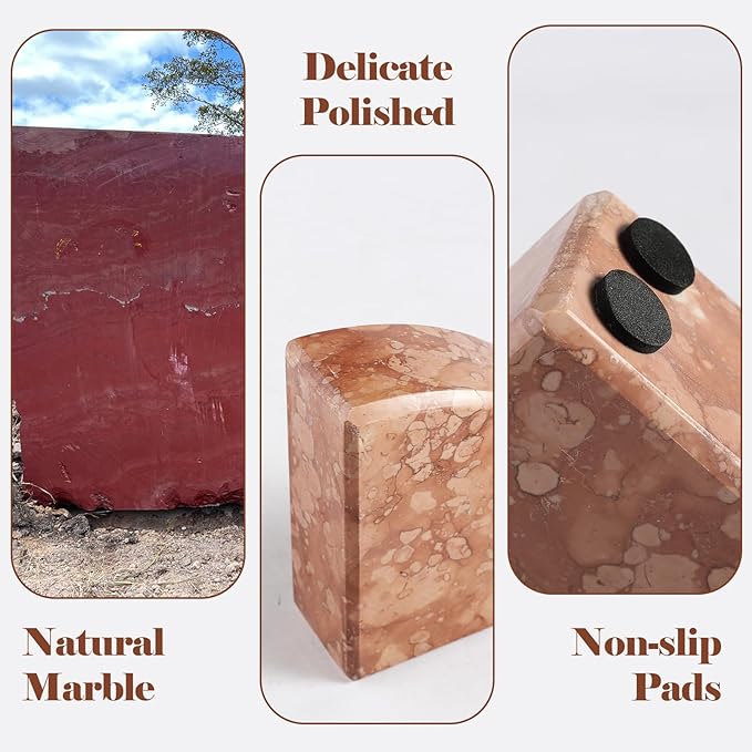 Marble Bookend for Shelves, Non-Skid Bookends for Heavy Books, Heavy Duty Book Stopper for CDs, Luxury Book Shelf Holder, Quarter Circle Design Book Ends Decorative, Perlino Rosato, Set of 2-Ruum Studio Home