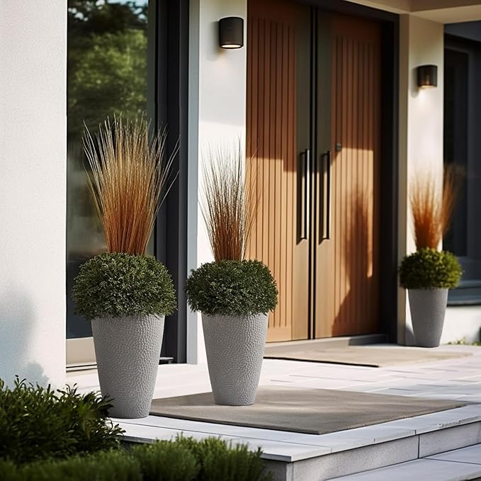 LA JOLIE MUSE 20 inch Tall Planters Set of 2, Tall Round Planters for Outdoor Plants, Grey Flower Pots for Front Door,Patio and Deck,Honeycomb.-Ruum Studio Home