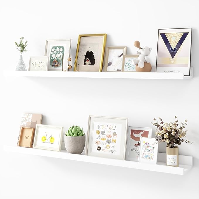 Picture Ledge Shelf, Wood Floating Shelves Set of 2, 36 inch Picture Ledge Shelves, Photo Ledge Nursery Book Shelves Wall Mounted for Living Room Kids' Room Bedroom, Color White-Ruum Studio Home