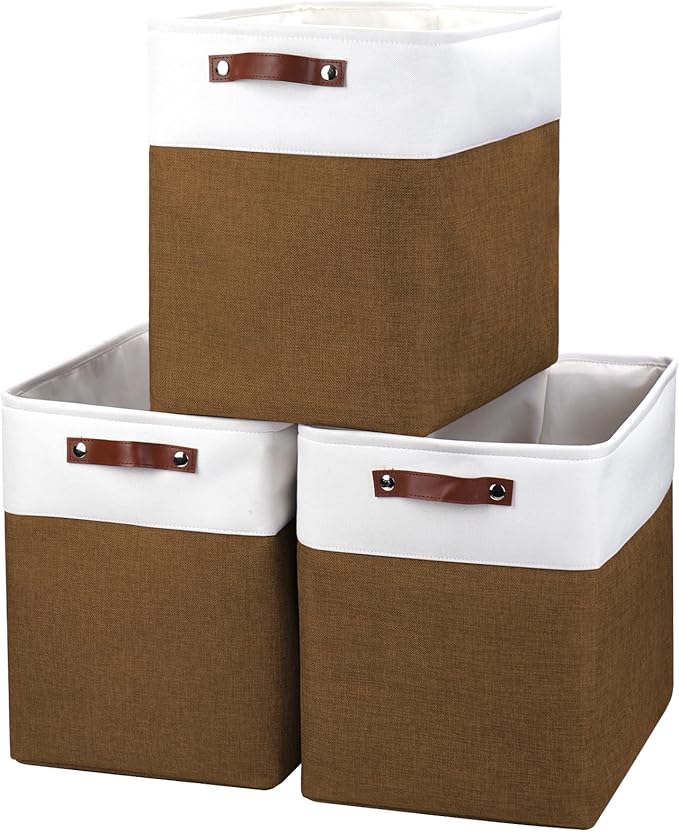 Large Fabric Storage Baskets | 50L Storage Bins, Decorative Linen Closet Baskets with Handles for Organizing, Shelf, Toys, Clothes, Home, Office, Nursery, 17x12x15Inches (Brown&White)-Ruum Studio Home