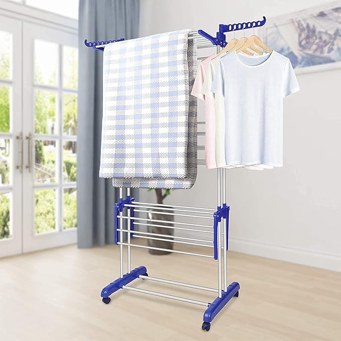 Bigzzia Clothes Drying Rack, Folding Stainless Steel Drying Rack Clothing Indoor Outdoor, Space-Saving, 4 Tier Laundry Drying Rack with Two Side Wings Grey Blue-Ruum Studio Home