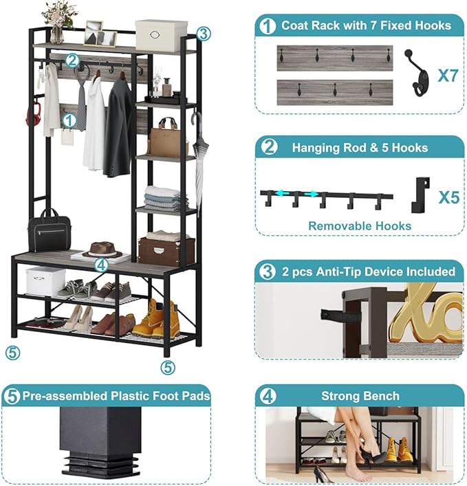 BON AUGURE Hall Tree with Bench and Shoe Storage, Entryway Bench with Coat Rack, Wooden Metal Coat Tree with Hooks, 5 in 1 Multifunctional Shoe Benches and Wall Rack (Dark Gray Oak)-Ruum Studio Home