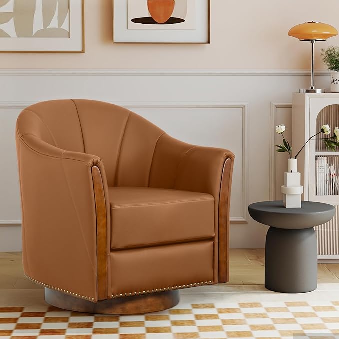 360° Swivel Accent Chair, Modern Leather Barrel Club Chair with Leather Upholstery and Sturdy Wood Base, Comfortable Armchair for Living Room, Bedroom, Reading Nook, Brown-Ruum Studio Home