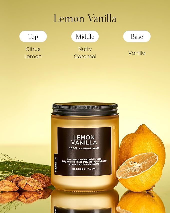 M&SENSE Lemon Vanilla Scented Slow Burning Candles for Home Scented, All Natural Soy Candles 7.05oz 50 Hours Slow Burning in Glass Jar, Stress Relief Gifts for Women and Men-Ruum Studio Home