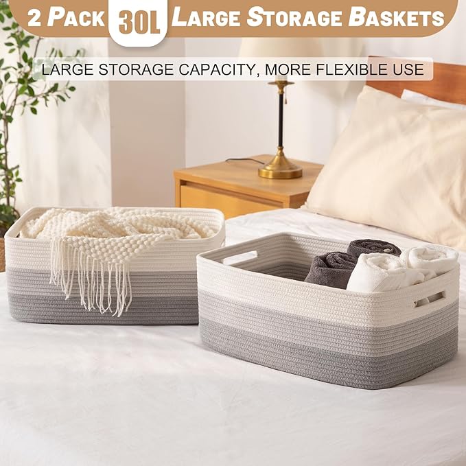 Large Storage Basket for Organizing, Woven Rope Basket for Shelves, Closet Organizer Bins for Clothes, Blanket, Toys, Baby Nursery Storage, 17.7" x 13" x 7.87", 2 Packs Gradient Grey-Ruum Studio Home