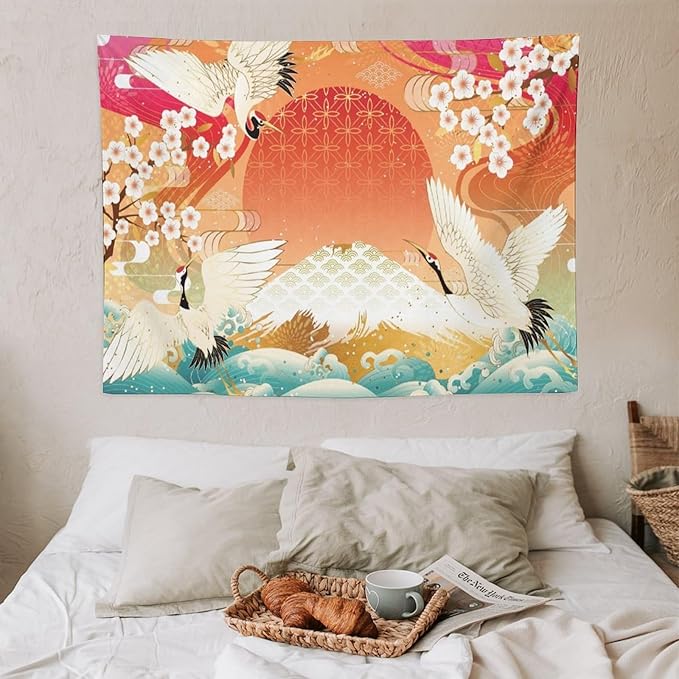 HZOHNAGO Japanese Tapestry Cherry Blossom Crane Sea Wave Fuji Mountain Red Sun Pattern Printed Wall Tapestry Painting Wall Hanging for Bedroom Living Room Dorm 40" W x 30" H-Ruum Studio Home