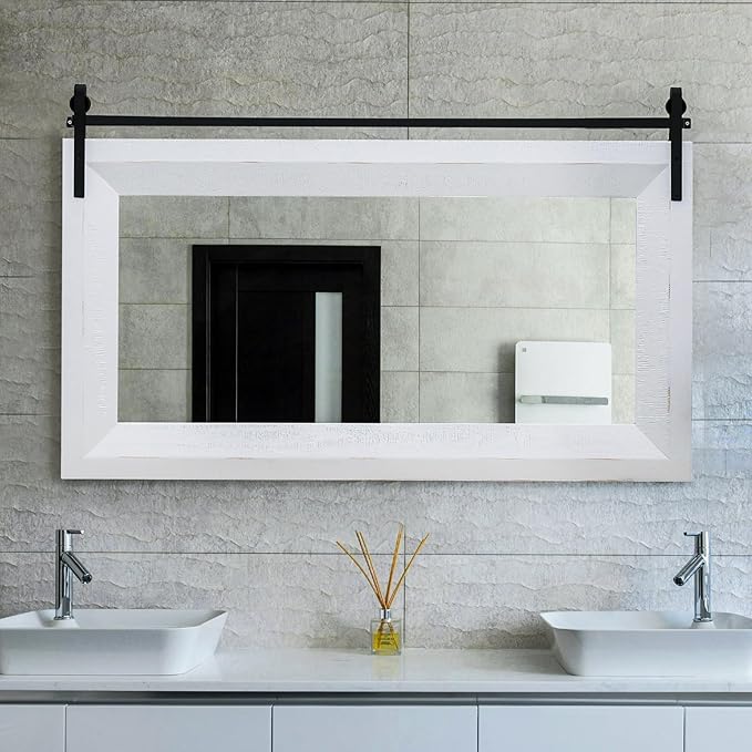 ALBAD Farmhouse Mirror for Wall Decor Wood Framed Bathroom Vanity Mirrors Vertical/Horizontal Hanging Barn Door Style Mirror for Living Room Bathroom Bedroom Entryway White-Ruum Studio Home