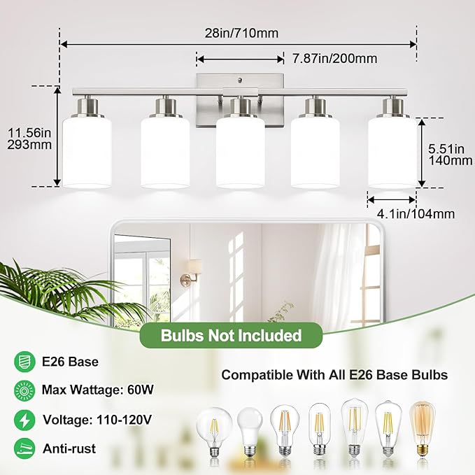 5-Light Brushed Nickel Bathroom Vanity Light with Milky White Frosted Glass Shades, Modern Bathroom Light Fixtures, Up/Down Reversible Lighting for Mirror, Bedroom, Kitchen, Living Room, Hallway-Ruum Studio Home