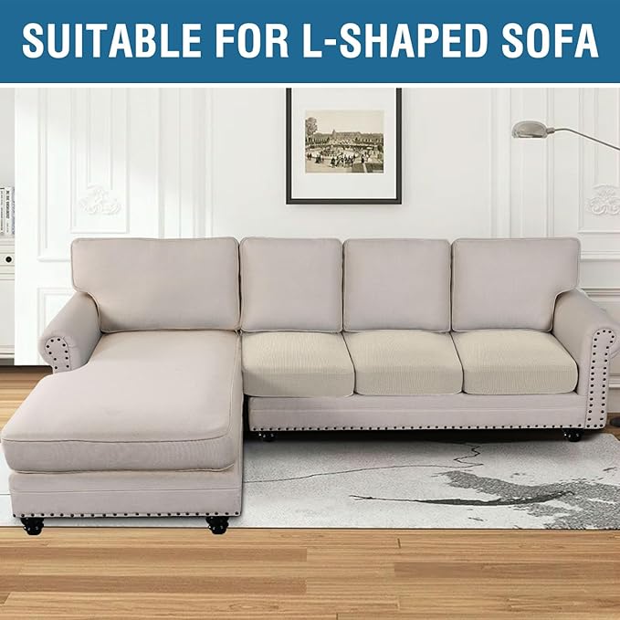 H.VERSAILTEX Super Stretch Individual Seat Cushion Cover Sofa Covers Couch Cushion Covers Slipcover Sets Thick Jacquard Textured Twill Fabric (3 Piece Sofa Cushion Covers, Natural)-Ruum Studio Home