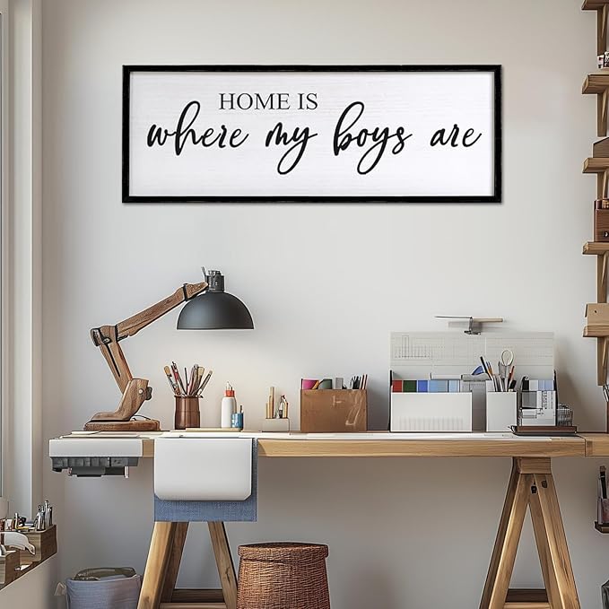Home is Where My Boys are Sign Framed Wall Art, 32''×12'' Rustic Horizontal My Son Plaque with Black Frame for Baby Kid Boy Son Teen Toddlers Room, Horizontal Mom of Boys Gifts Nursery Decor-Ruum Studio Home