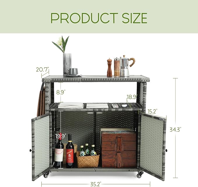 Wicker Outdoor Bar Cart - Gray Gradient Patio Console Storage Table Buffet Cabinet Serving Kitchen Cart with Wheels for Outside Backyard-Ruum Studio Home
