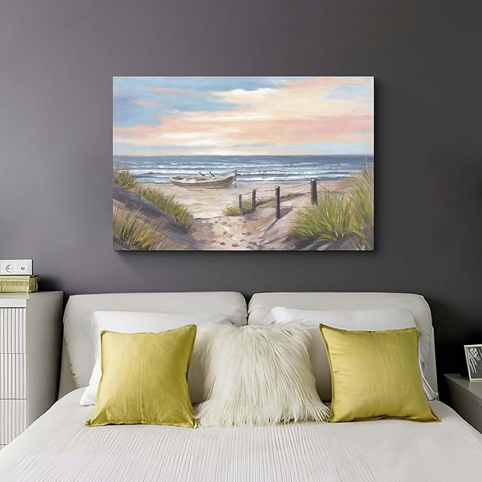 cozy country Ocean Wall Art 45"x30" - Coastal Pictures Beach Canvas Decor - Seashore Artwork Seascape Hand Painting for Living Room, Bedroom, Sea House-Ruum Studio Home