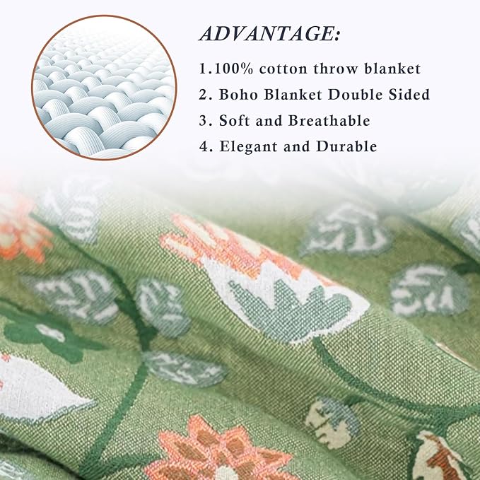 Snycler Boho Throw Blanket for Bed - 100% Cotton Ultra Soft Rustic Quilt Green Blanket - Floral Printed Farmhouse Decor Bed Blankets, 80"×90" All Season Rustic Throw for Sofa Couch Chair-Ruum Studio Home