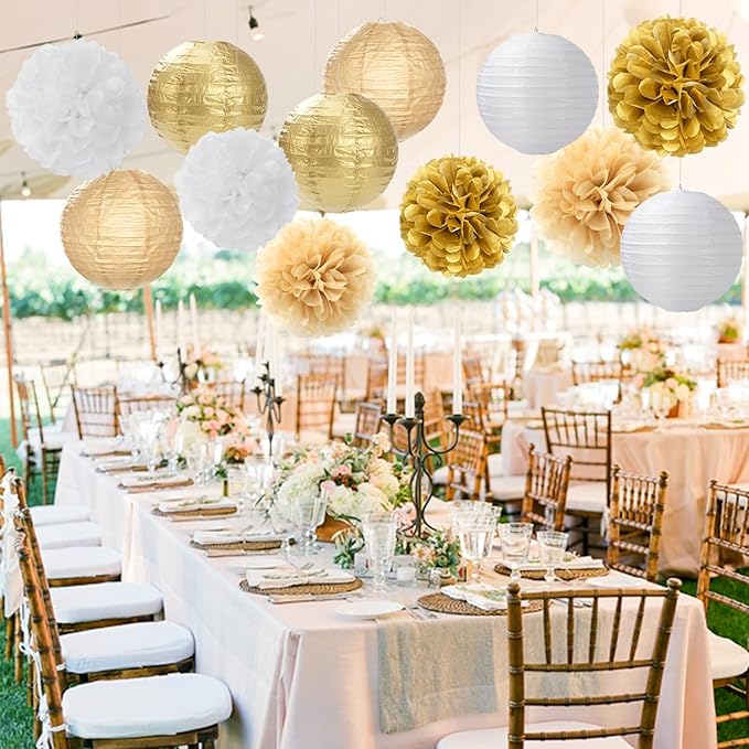 White Gold Party-Decorations Paper Flowers Lanterns - 15PCS Engagement Birthday Graduation Wedding Tissue Pom Poms Streamers,Neutral Bachelorette Baby Bridal Shower Hanging Supplies Decor Hugfond-Ruum Studio Home