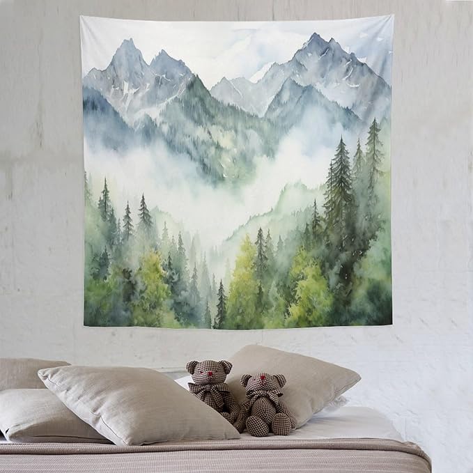 HZOHNAGO Mountain Tapestry Misty Green Forest Mountain Pattern Printed Wall Tapestry Wall Hanging for Bedroom Living Room Dorm 60" W x 60" H-Ruum Studio Home