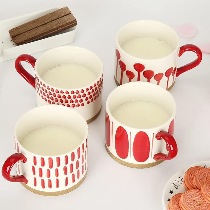 Koja Hand Painted 15 oz. Porcelain Ceramic Mugs Set. Service for 4. (Hand Painted - Red)-Ruum Studio Home