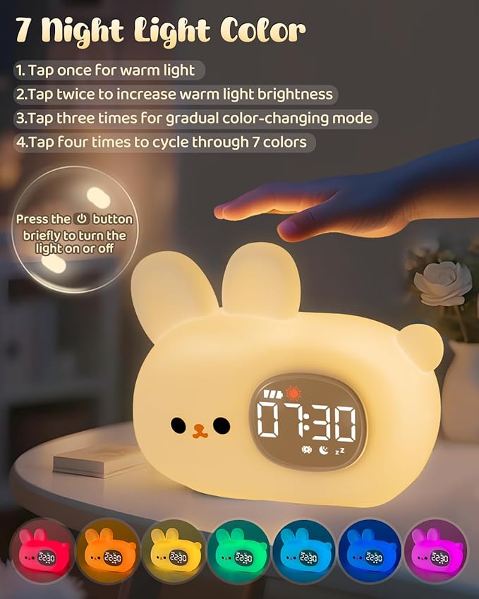 Bunny Alarm Clock for Kids with Night Light, Sleep Training Clock Time to Wake Clock, Rechargeable Silicone Light for Bedroom, Perfect Sleep Companion for Boys Girls-Ruum Studio Home