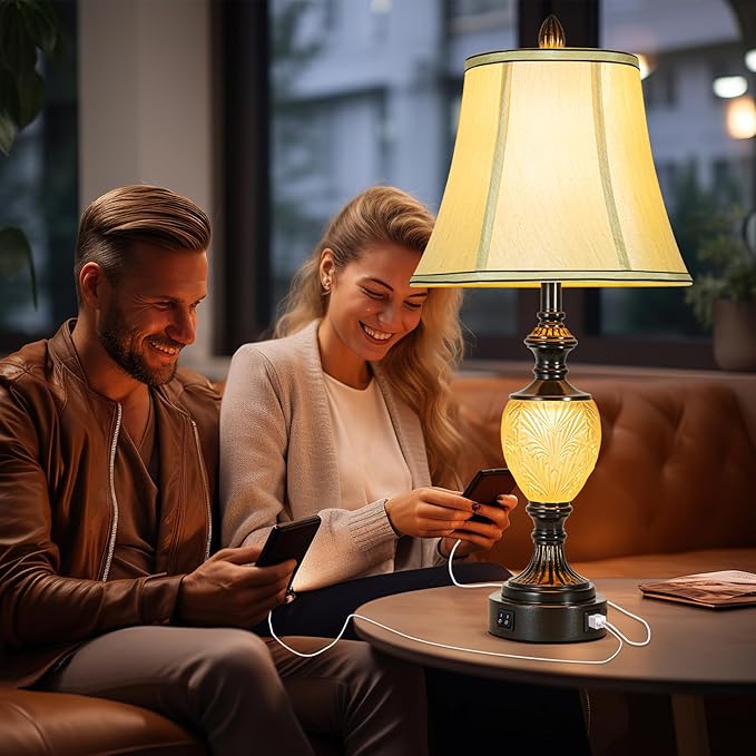 27'' High Vintage Table Lamp Set of 2 for Living Room Farmhouse Bedside Lamp with Fabric Shades Boho Nightstand Lamp with USB and Nightlight for Bedroom Home Office Hotel Bar (Bulb Included)-Ruum Studio Home
