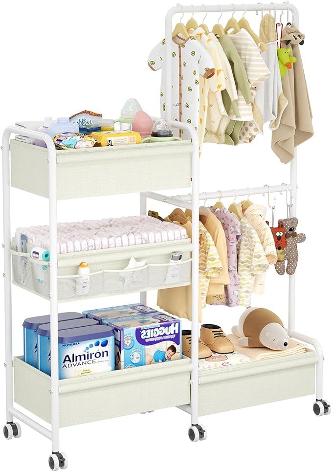2in1 Baby Diaper Caddy & Clothes Organizer and Storage Rolling Cart, Large Capacity Nursery Organization For Baby Dresser,Changing Table, Crib, With 2 Dividers & 7 Pockets,White-Ruum Studio Home