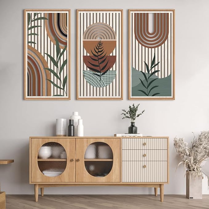 IARTTOP Large Boho Wall Art Set Of 3 Framed Mid Century Modern Wall Decor Abstract Geometric Wood Wall Art For Bedroom Living Room Office 16"x 32"-Ruum Studio Home