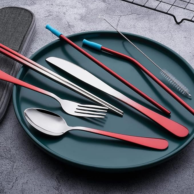 Travel Utensils Set with Case Reusable Portable Cutlery Set Stainless Steel 8pcs Including Dinner Knife Fork Spoon Chopsticks straws (Gradient Red)-Ruum Studio Home