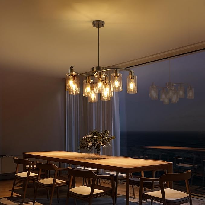 9-Light Brushed Nickel Glass Chandelier, Adjustable Height Hanging Industrial Dining Room Chandelier Over Table, Modern Farmhouse Chandelier for Kitchen Island Living Room Entryway Bedroom-Ruum Studio Home