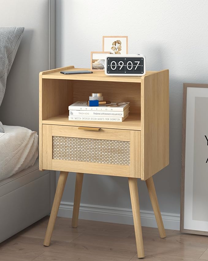 Rattan Nightstand,Modern Bedside Table with Storage Drawer and Open Wood Shelf, for Living Room, Bedroom and Small Spaces, Accent Night Stand with Solid Wood Legs, Easy Assembly,(Oak)-Ruum Studio Home