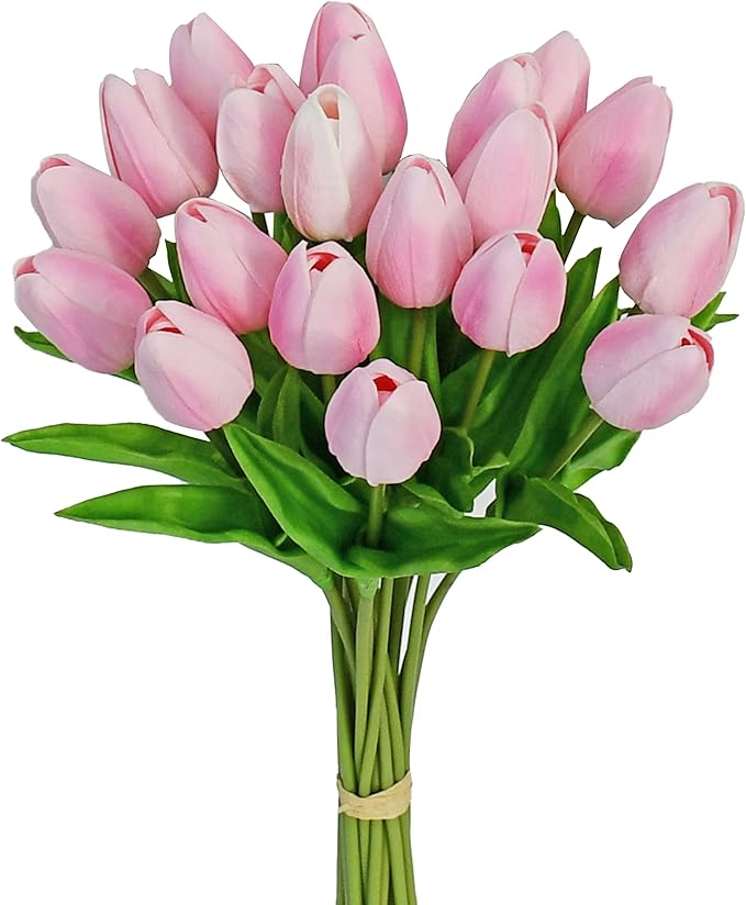 Mandy's Artificial Tulips 20 Stems Peach PU Faux Flowers for Wedding Home Decor 13.5 Inch-Ruum Studio Home